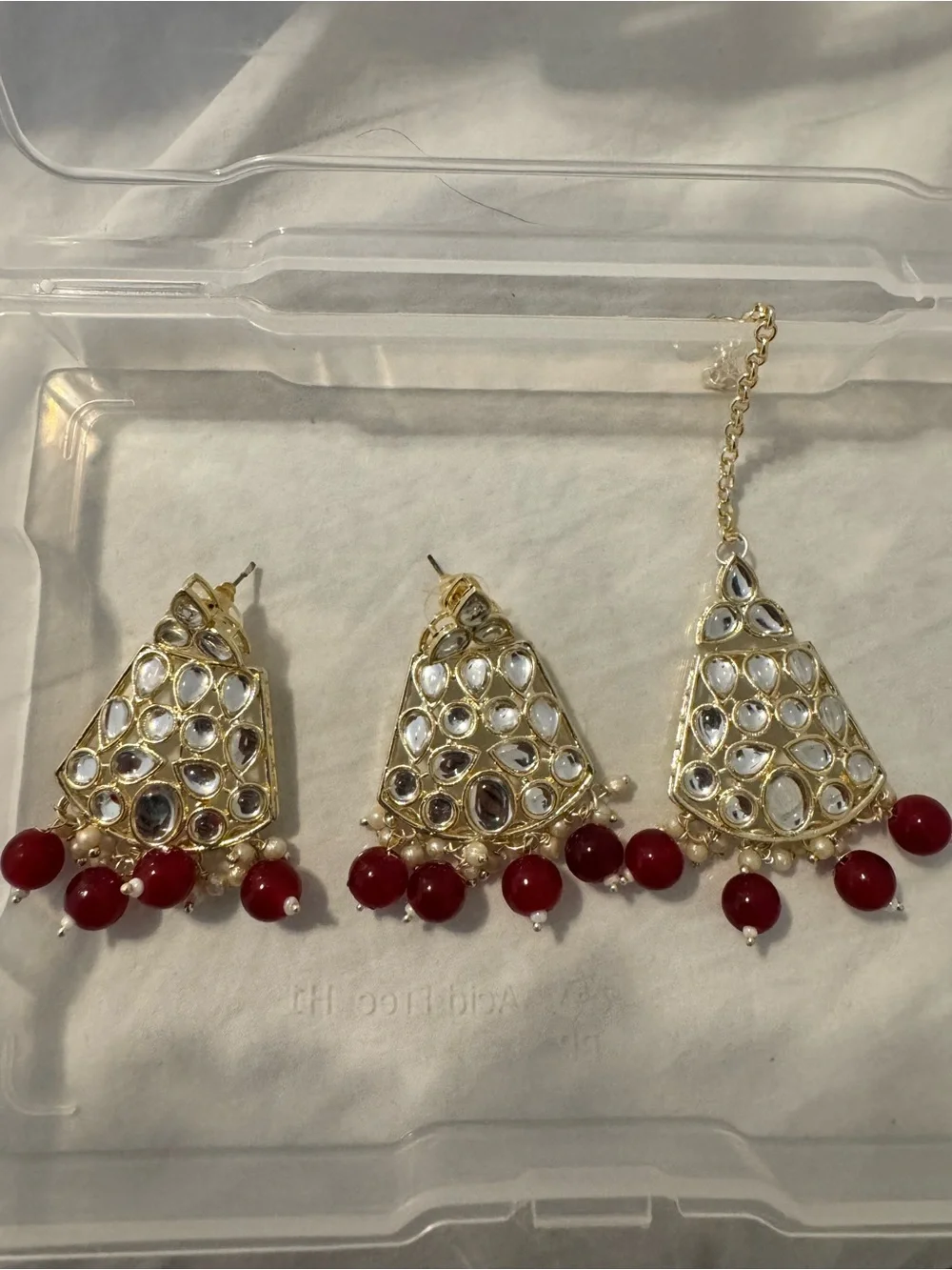 Gold-Tone Kundan Necklace with Red Bead Fringe - Women Jewelry